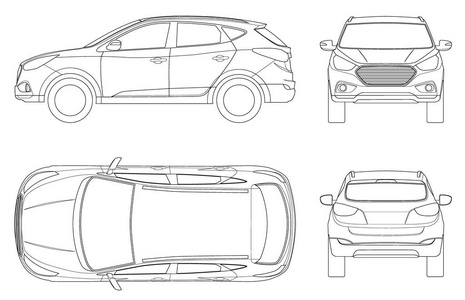 在白色背景上的汽车矢量模板。紧凑的交叉, Cuv, 5 门旅行车上的轮廓。模板向量被隔离。查看前面, 后面, 侧面, 顶部