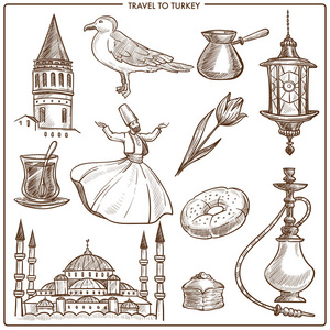 土耳其旅游地标和旅游符号。 土耳其清真寺矢量草图图标伊斯坦布尔海鸥和胡卡希沙或咖啡CEZVE Doner烤肉串或面包糕点和苦力舞