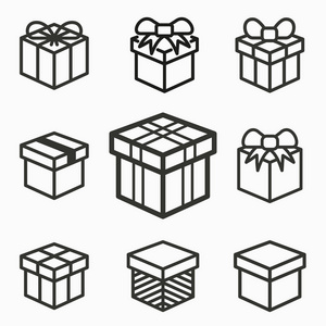 礼品盒惊喜图标。 一套现在的包裹折扣送生日符号。 黑色矢量插图隔离在白色上。 用于图形和网页设计的简单象形图。