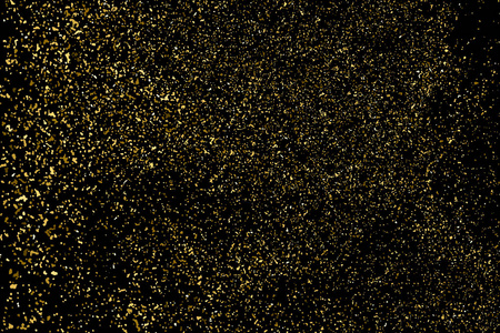 金色闪光的纹理隔离在黑色上。 琥珀颗粒的颜色。 庆祝背景。 纸屑的金色爆炸。 矢量插图10。