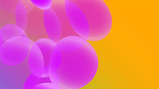 纹理透明紫罗兰抽象体积时尚独特的魔术圆形不同形状的光美丽的空气宇宙气泡滴在黄色的背景上。 矢量图。