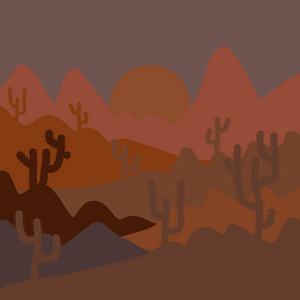 棕色的平面卡通。 矢量图。 仙人掌和山在沙漠景观日落在大炮背景场景与石头和沙子。