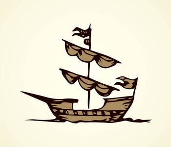 过时的木制经典海盗帆鱼孤立在白色的天空背景。 写意轮廓墨画标志标志象形文字素描艺术复古涂鸦风格笔在纸上。 带有文本空间的侧视图