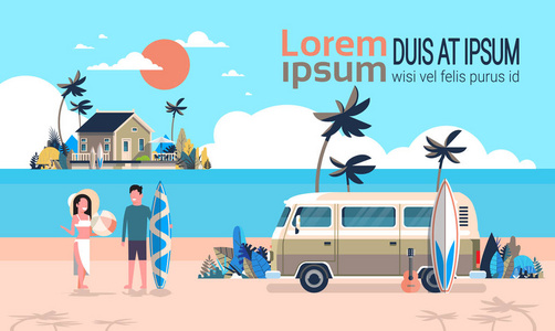 暑假男人女人冲浪巴士日出热带海滩复古冲浪别墅岛水平复制模板海报平面矢量插图
