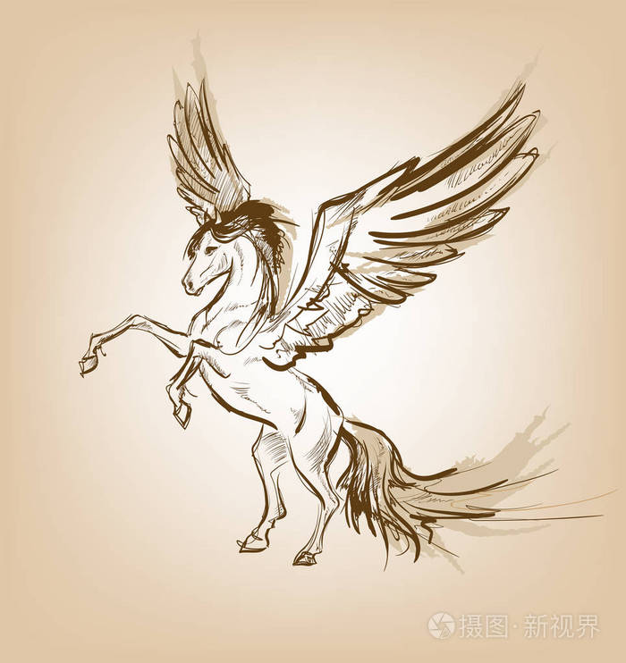 飞马希腊神话生物传奇野兽概念绘图纹章图形老式纹身设计在棕色背景上