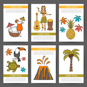 矢量插图与卡通手绘夏威夷背景。 热带岛屿夏季旅行。 海滩生活放松棕榈夏威夷旅游。 矢量手绘卡通假期