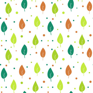矢量插图无缝图案与彩色叶子和点。 包装织物背景的简单设计。 绿色和有机概念