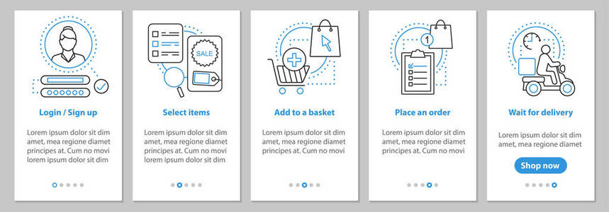 在线购物车载移动应用程序页面屏幕与线性概念。 数字路径购买步骤图形说明。 UXUI GUI矢量模板，插图