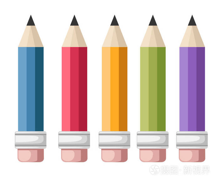 一套矢量彩色铅笔. 五支带橡皮擦的铅笔. 平面卡通风格.