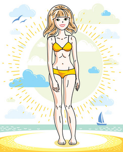 快乐的年轻金发女人穿着泳衣在热带海滩暑假生活主题卡通。