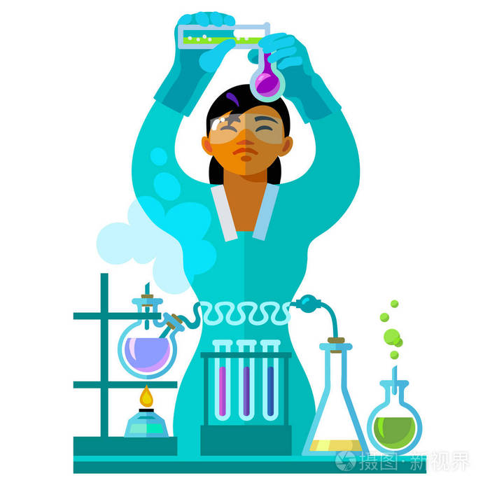 在实验室工作的美丽的年轻的女科学家向量