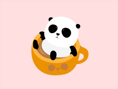 矢量插图一只可爱的卡通大熊猫躺在一杯咖啡里，在温泉温泉里洗澡。