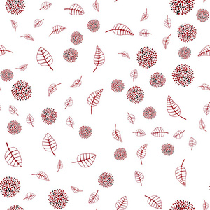 深红色矢量无缝抽象背景与叶子和花。 创造性的插图在模糊的风格与树叶花。 你的品牌书的全新模板。