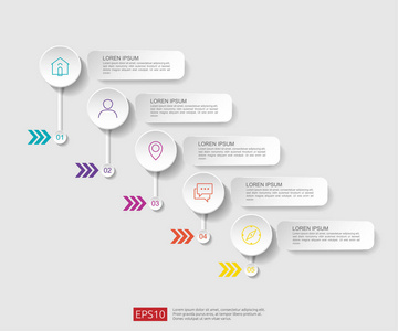 5个步骤信息图表。 时间线设计模板与三维纸标签集成圆圈。 有选择的商业概念。 内容图流程图步骤部分工作流程图布局图