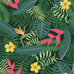 热带背景，棕榈叶和花。 无缝花卉图案。 夏季矢量插图