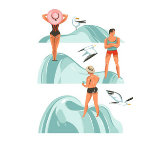 手绘矢量抽象图形卡通夏季时间收集平面插图设置与男孩和女孩在海滩上的字符海滩石头和飞海鸥在白色背景下隔离