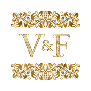 v和f古代首字母标志符号。 字母被装饰元素包围。 皇家风格的婚礼或商业伙伴字母。