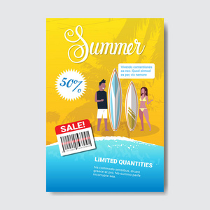 夏天销售夫妇男人女人冲浪板刻字徽章设计标签季节购物徽标模板邀请贺卡打印和海报垂直