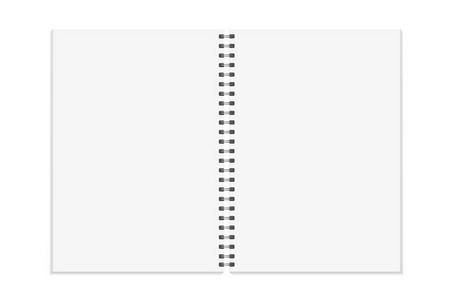 笔记本模拟。开卷，日记用金属螺旋模板..孤立在白色背景上。A4装订页。矢量图。