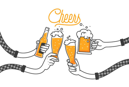 四只手拿着四个啤酒瓶。戴格子衬衫的眼镜。在酒吧里庆祝派对。四个醉汉在白色背景下喝啤酒的孤立矢量插图。