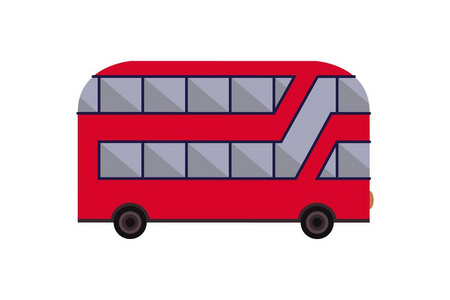 在白色背景上隔离的矢量插图。 英国红色双层巴士侧视平面风格。 元素信息网站图标明信片地方的文本。