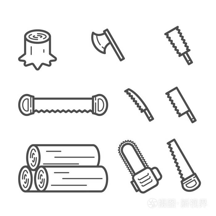木匠设备工具和树桩木材符号图标设置轮廓笔画设计插图黑白颜色隔离在