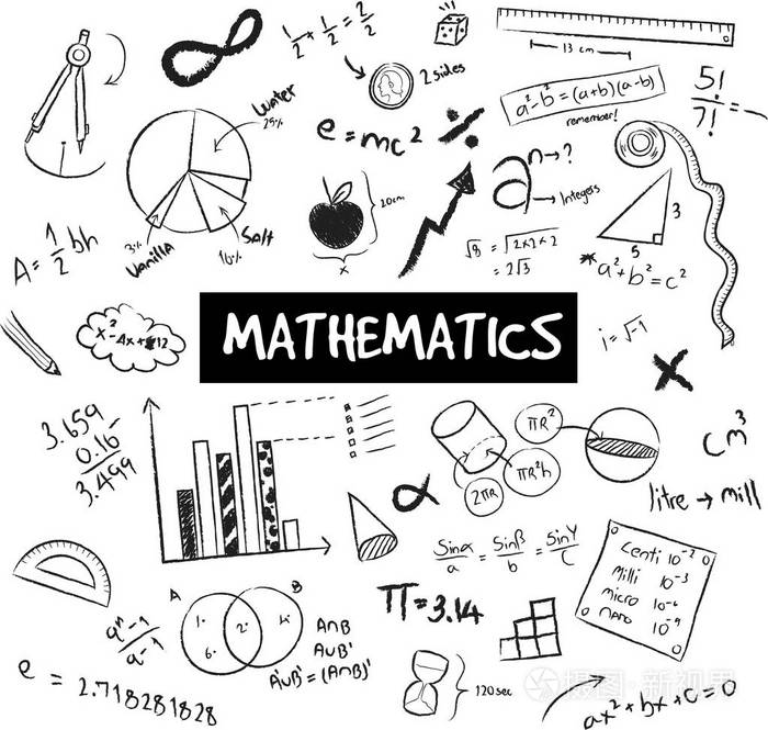 插画 数学理论和数学公式方程和模型或图形涂鸦手写图标,白色孤立背景