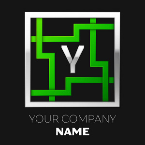 逼真的银色字母 Y 标志符号在银色绿色的彩色正方形迷宫形状上黑色背景。标志象征迷宫, 选择正确的路径。用于设计的矢量模板