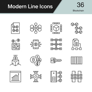 区块链图标。 现代线条设计集36.用于演示图形设计移动应用程序网页设计信息图形。 矢量图。