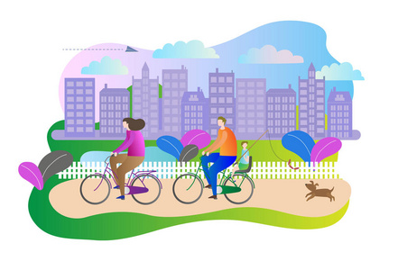 城市家庭概念户外公园场景与夫妇享受积极的休闲, 而驾驶自行车。城市背景与紫色的天空。矢量插图