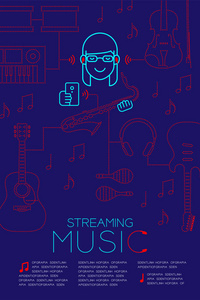 女士耳机无线连接智能手机流媒体音乐概念杂志版面设计插图隔离深蓝色背景与复印空间