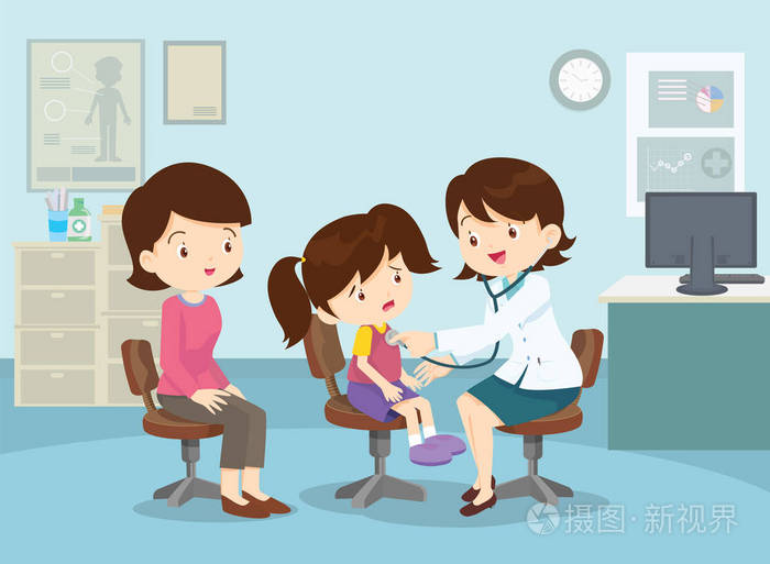 保健概念.工作场所插图的专业医生.母亲和她的孩子带着医生.