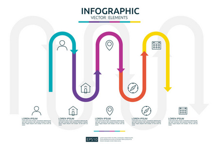 5个步骤信息图表。 时间线设计模板与三维箭头链接元素。 有选择的商业概念。 对于内容图流程图步骤部件工作流布局图。