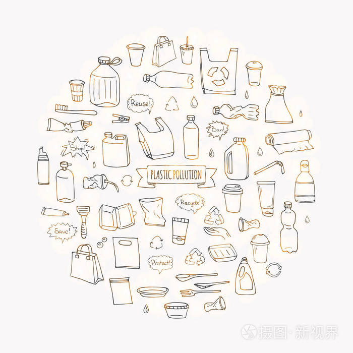 插画 手绘涂鸦停止塑料污染图标设置矢量插图草图符号收集卡通概念