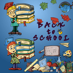 一所儿童学校的矢量彩色插图学校科目的设计一个地球仪背包尺书铅笔项目准备打印布局男孩和女孩背景隔离