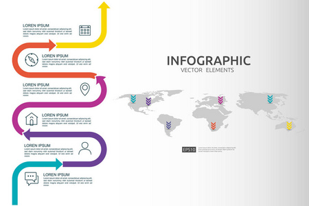 六步商业信息图表。 时间线设计模板与箭头元素和世界地图引脚背景概念与选项。 内容图流程图步骤部分工作流程图布局图