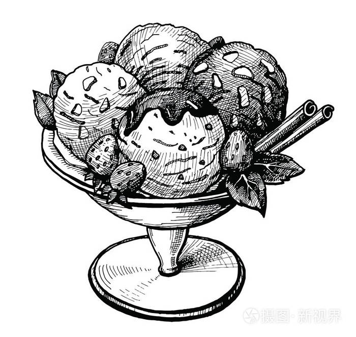 老式冰淇淋素描草莓巧克力和肉桂棒.