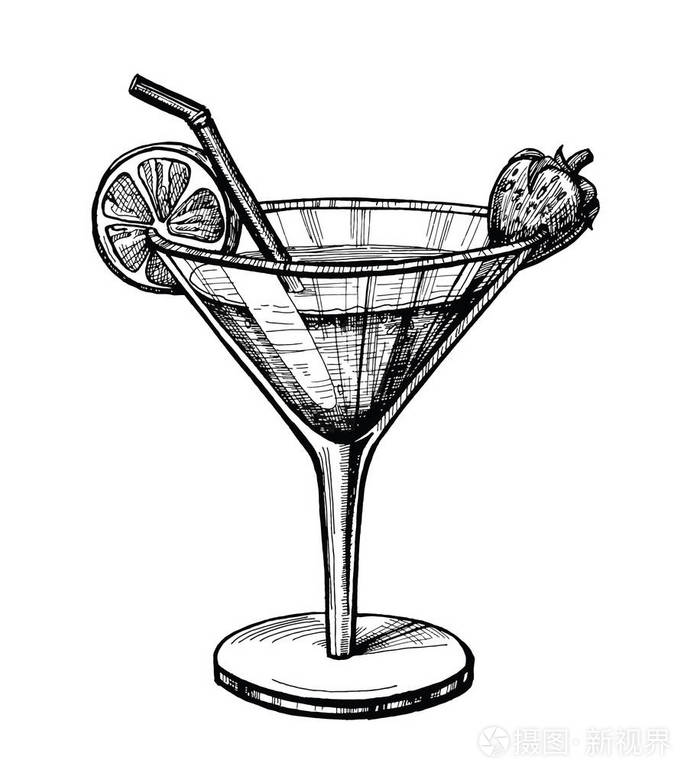 酒精鸡尾酒手绘矢量插图老式鸡尾酒素描与管橙色草莓酒吧或酒吧菜单的