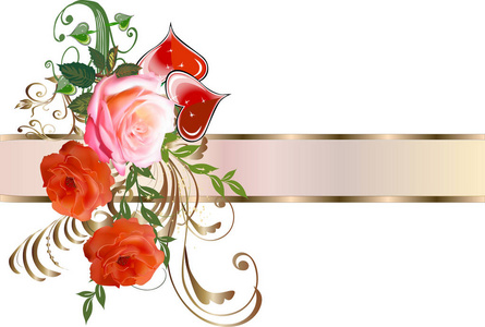 插图与玫瑰和红心隔离白色背景