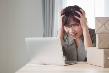  portrait of sad stress unhappy business woman getting headache 