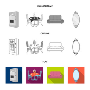 咖啡壶, 服务桌在餐厅和其他网页图标平, 轮廓, 单色风格等距。柔软舒适的沙发, 墙上的镜子图标集合收藏指正