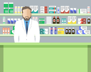 药剂师的网络横幅。 药房工作场所的年轻人站在绿色货架前拿着药品。 人们的偶像。 矢量插图