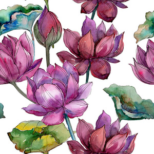 粉红色的莲花。 花卉植物花卉。无缝背景图案。 织物壁纸印花纹理。 背景纹理包装图案框架或边框的水花野花。