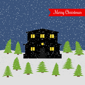 冬天的夜晚，带着寂寞的房子和飘落的雪和一条红色的丝带，上面写着圣诞快乐。矢量图
