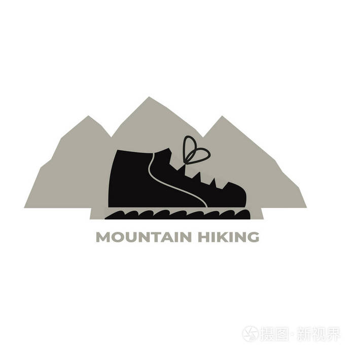 山岭峰登山靴的轮廓. 最小简单的极端旅游旅行标志模板.