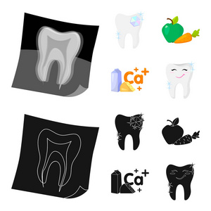 一颗闪闪发亮的牙齿, 一个苹果, 胡萝卜对牙齿有用, 牛奶在盒子里, 奶酪和钙的标志, 一颗微笑的牙齿。牙科护理集合图标在卡通