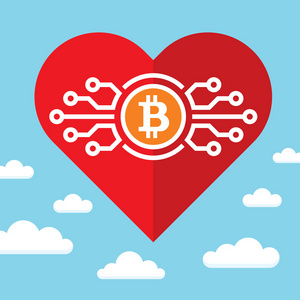 比特币和红心在蓝天与云矢量概念插图平面风格。 抽象电子数字加密货币的爱。 成功的区块链营销趋势。 平面设计元素。