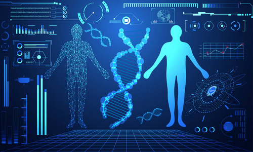 抽象技术UI未来概念人类数字DNA保健HUD接口全息图元素数字数据图表通信创新高科技未来设计背景