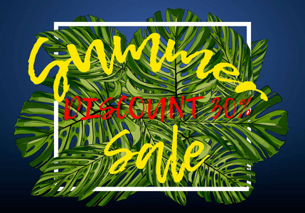 夏季销售横幅雕刻热带棕榈叶。 异国情调花卉背景设计横幅传单海报邀请网站演示壁纸。 剪纸的风格。