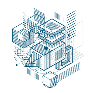 矢量背景与抽象等距线和图形。 用立方体六边形矩形和抽象元素制作的模板。